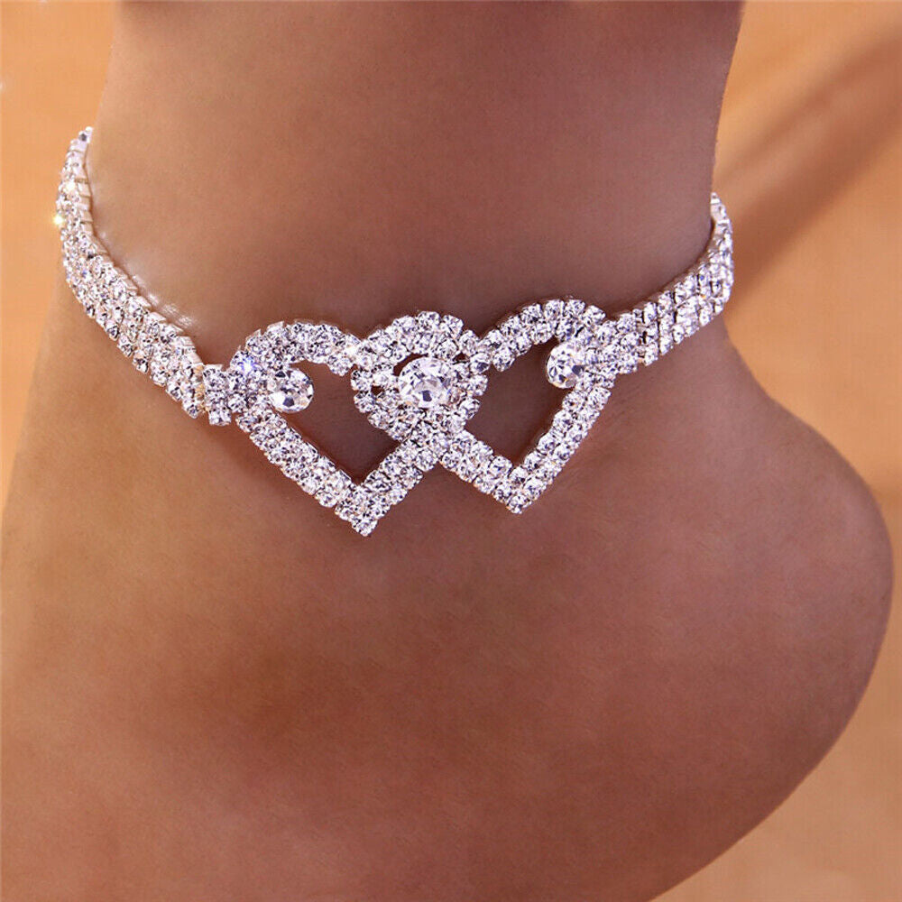 Anklet Double Heart Bracelet Love Barefoot Chain Bling Crystal Ankle Bracelet US