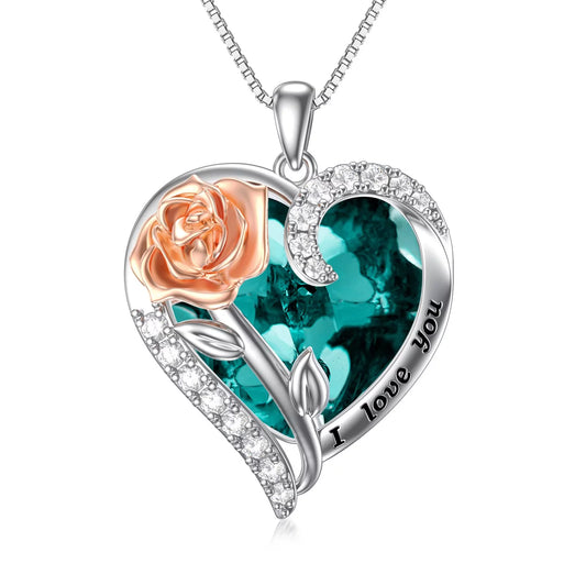 Mom Gifts Sterling Silver Rose Flower Pendant Necklaces with Heart Crystal May Birthstone Pendant Jewelry Gifts for Her Sister Mom Girlfriend Wife Birthday Mother'S Day