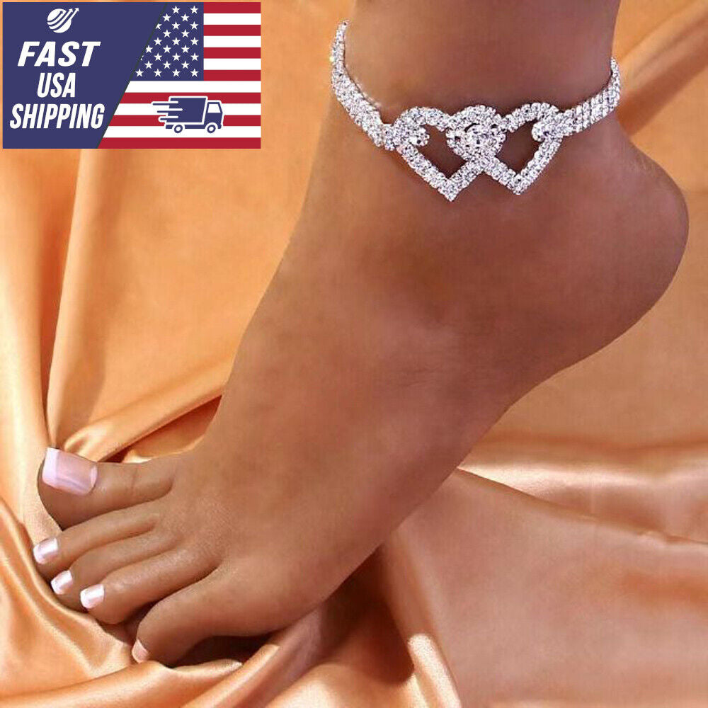 Anklet Double Heart Bracelet Love Barefoot Chain Bling Crystal Ankle Bracelet US