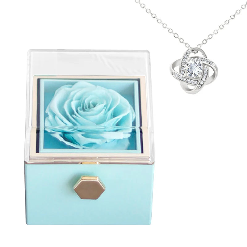 Gifts for Girlfriend Rotating Eternal Rose Gift Box Necklace Set Preserved Flower Jewelry Box for Valentine Christmas Birthday