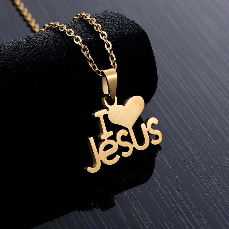 Fashion Heart I Love JESUS Pendant Necklace Stainless Steel Gold Color Women Charm Christian Religious Jewelry Gift