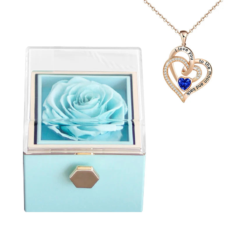 Gifts for Girlfriend Rotating Eternal Rose Gift Box Necklace Set Preserved Flower Jewelry Box for Valentine Christmas Birthday