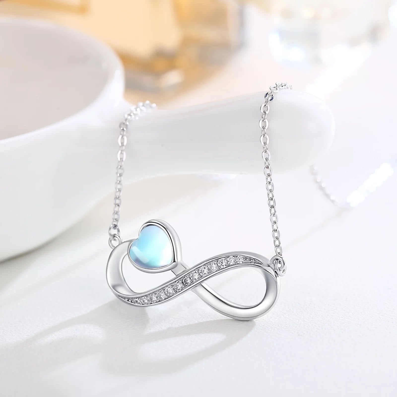 Infinite Symbol Love Necklace Sterling Silver Heart Moonstone Pendant Necklaces for Women Mom Wife Daughter Fashion Trendy Jewerly Birthday Xmas Valentines Day Gifts