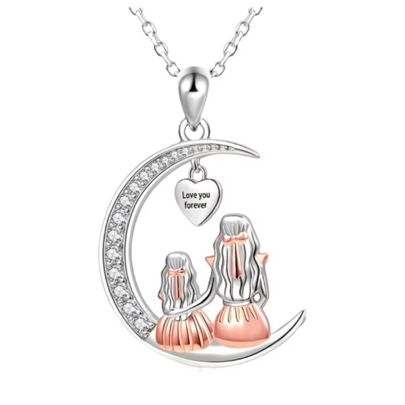 Mom Daughter Moon Pendant Necklace Love You Forever Heart Necklaces Mothers Day Jewelry Gifts