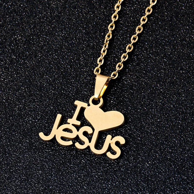 Fashion Heart I Love JESUS Pendant Necklace Stainless Steel Gold Color Women Charm Christian Religious Jewelry Gift