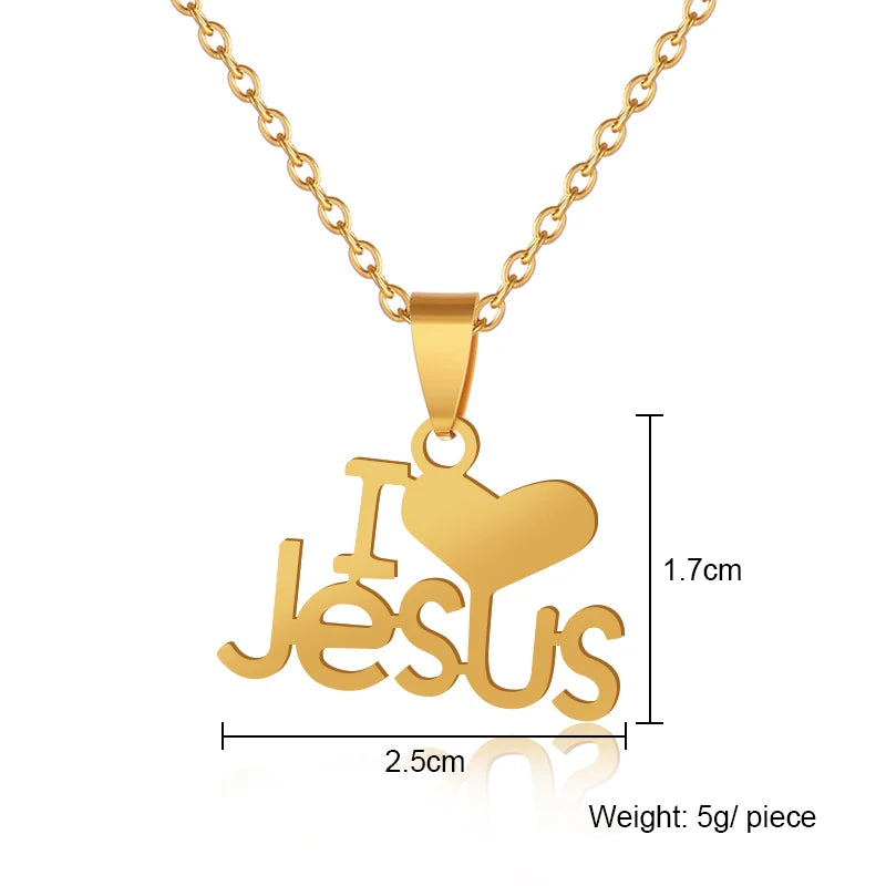 Fashion Heart I Love JESUS Pendant Necklace Stainless Steel Gold Color Women Charm Christian Religious Jewelry Gift