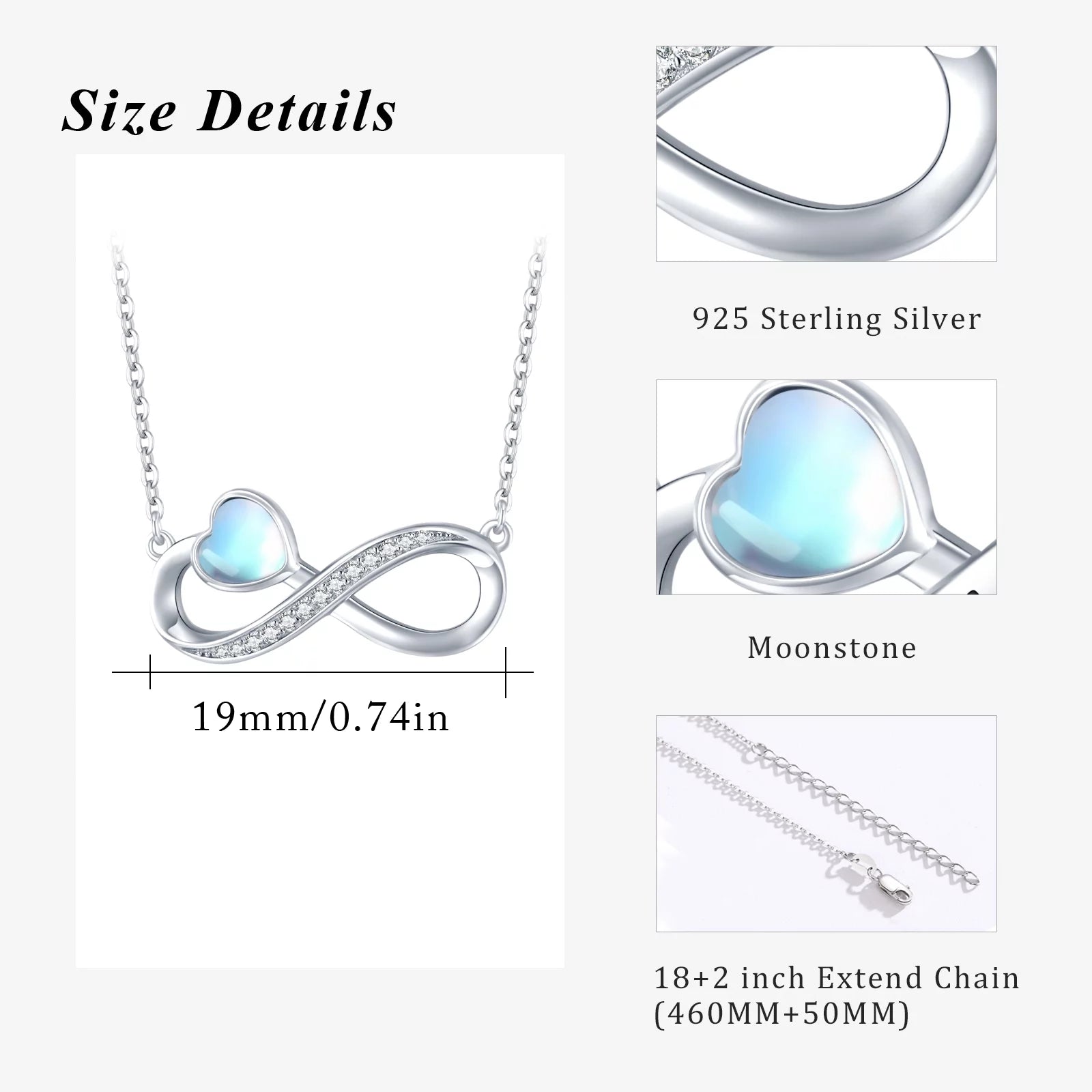 Infinite Symbol Love Necklace Sterling Silver Heart Moonstone Pendant Necklaces for Women Mom Wife Daughter Fashion Trendy Jewerly Birthday Xmas Valentines Day Gifts