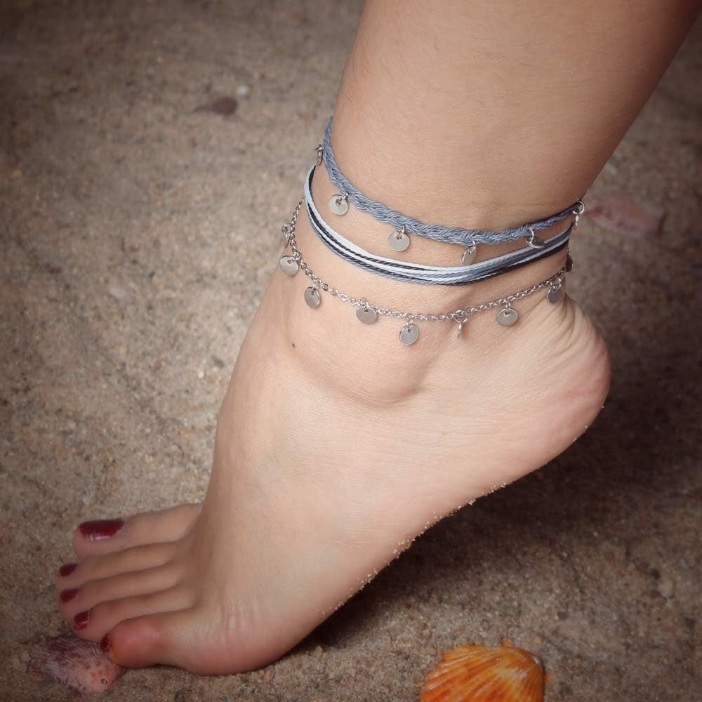 String Ankle Bracelets Waterproof Rope Anklets Braided Beach Boho Coin Anklets Cute Friendship Foot Jewelry for Women