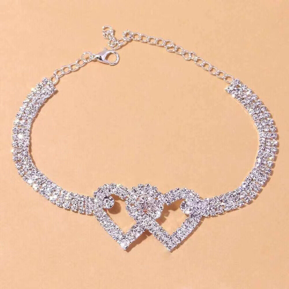 Anklet Double Heart Bracelet Love Barefoot Chain Bling Crystal Ankle Bracelet US